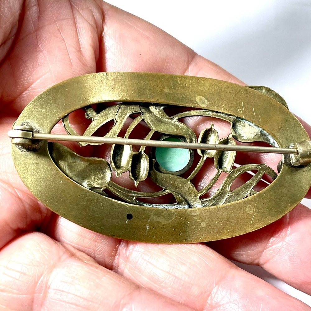 Fantastic Art Nouveau Brooch Brass Green Peking Glass Cabochons Nature Theme Pin - Picture 6 of 7